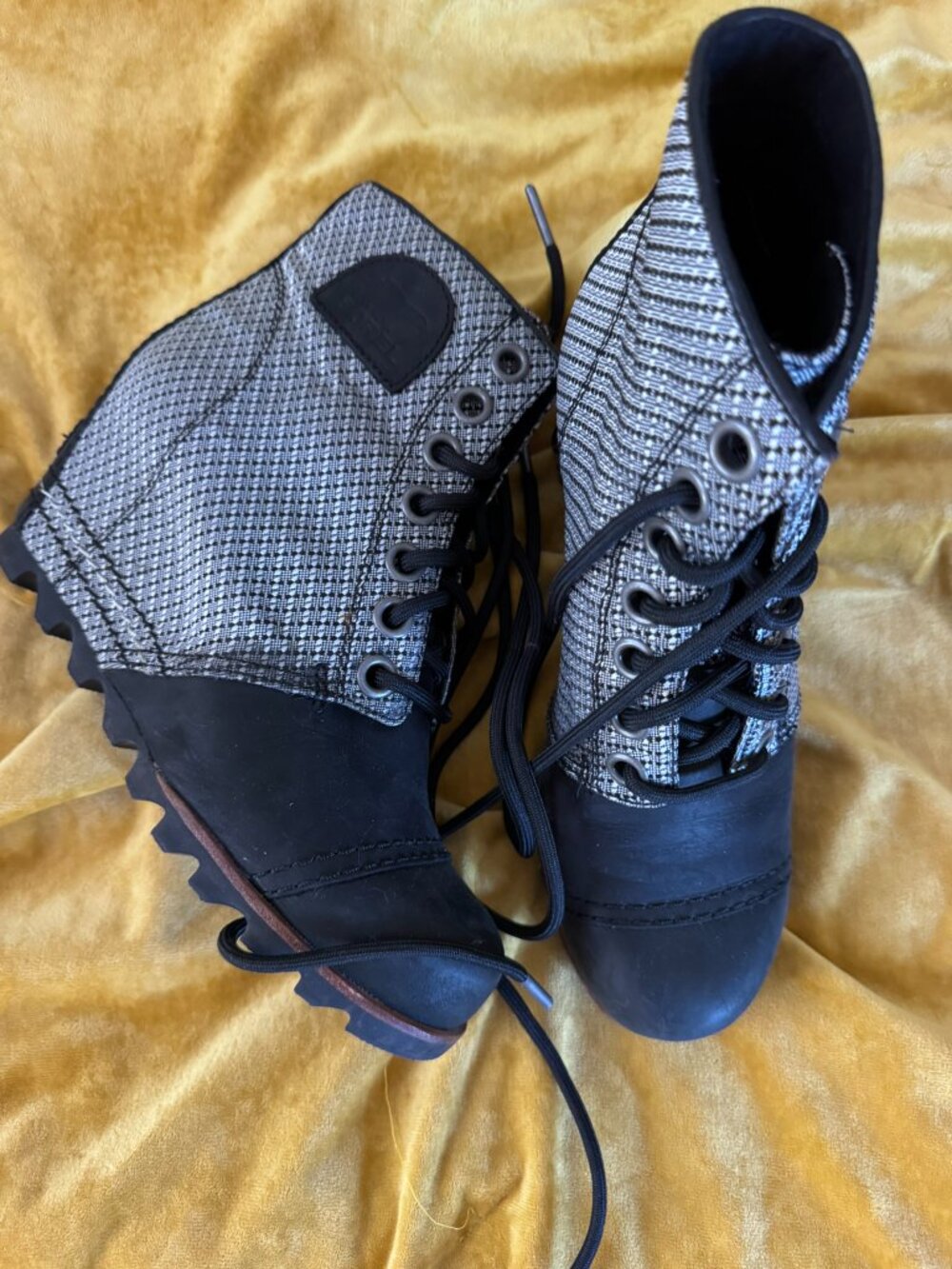 Sorel black and grey checked lace-up hidden wedge booties, women's size 6.5